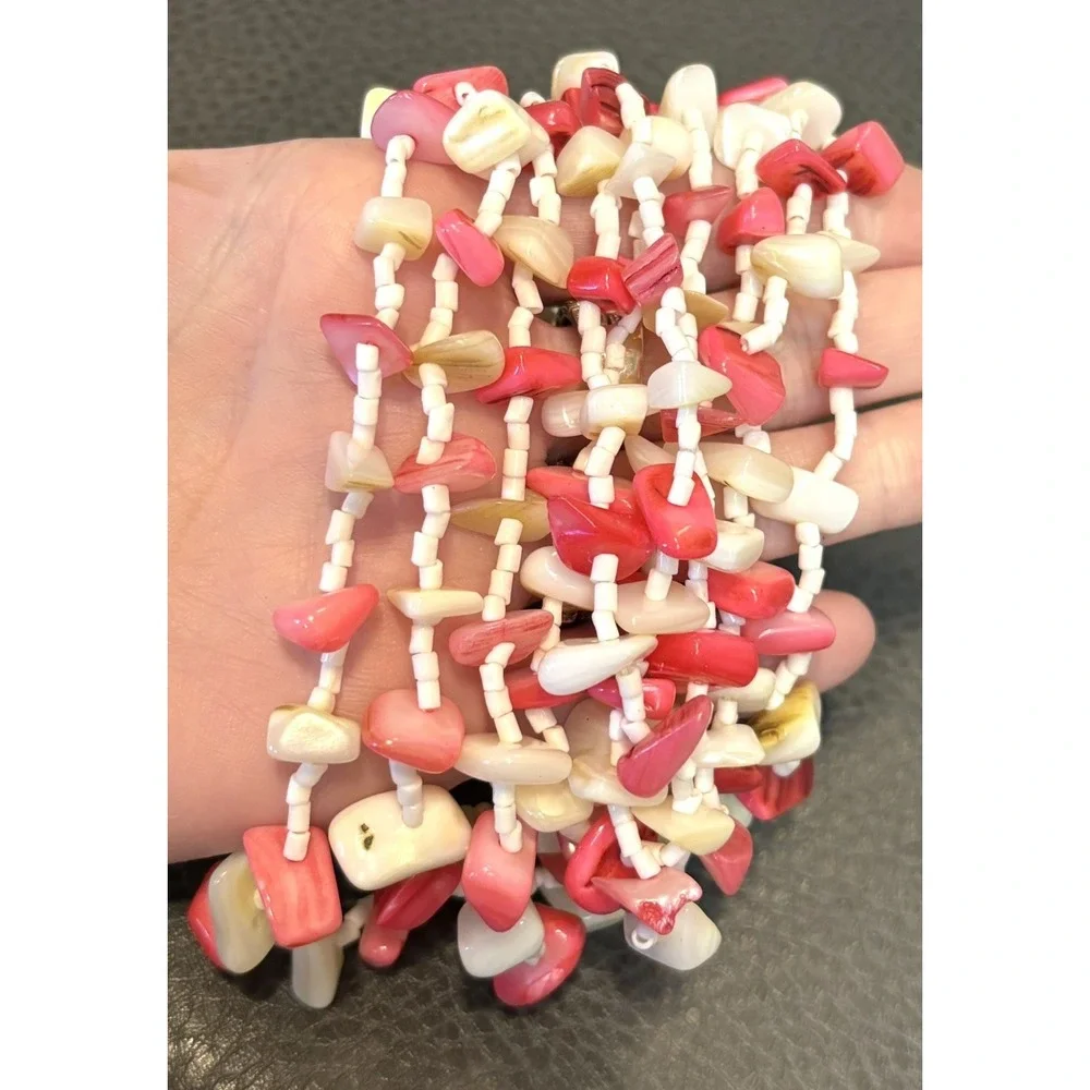 Vintage 5 Multi Strand Mother Of Pearl Chip Chunky Spring Summer Boho Necklace